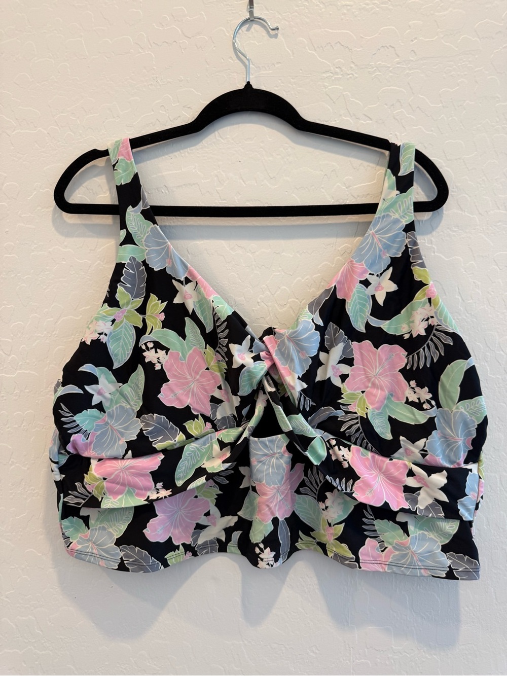 Floral Twist‑Front Tankini Swim Top – Black Multicolor – Plus Size 2X